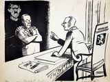 drawing of a man sitting at a table with a microphone in his hand and another man standing at a table with a microphone in his hand