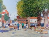 peinture d'une scène de rue avec des personnes marchant dans la rue