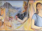 un tableau représentant une femme assise à une table devant une fenêtre