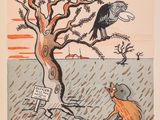 an illustration of a cat and a bird in a field near a tree
