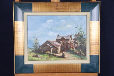 une photo d'un tableau représentant une maison dans un champ
