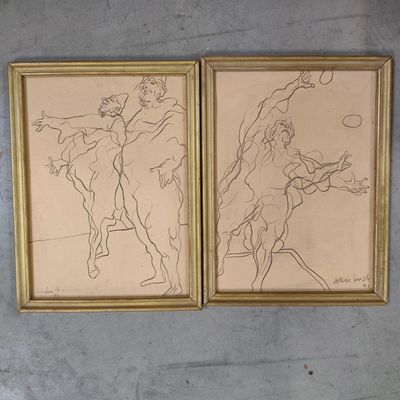 two framed drawings of a man and a woman on a horse
