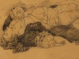 a drawing of a man laying on the ground with a dog
