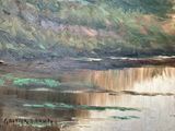 l'image d'une peinture représentant une rivière avec des arbres en arrière-plan