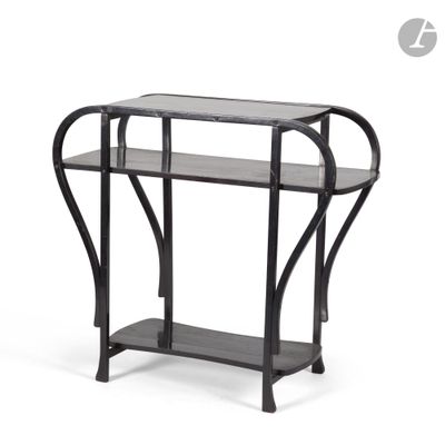 a black metal console table with a glass top