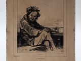 un vieux livre sur lequel figure le dessin d'un homme assis sur un banc