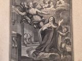 an old book with a picture of a woman and angels on it