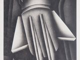 a black and white photo of a piece of art with a building in the background