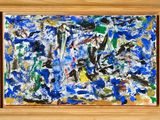 an abstract painting with blue, green, and white paint