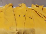 three yellow jackets are lined up on a white surface
