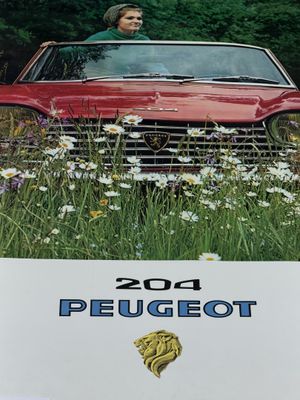 une voiture rouge garée dans l'herbe, avec une femme sur la banquette arrière