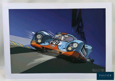 an image of a painting of a race car driving down a track