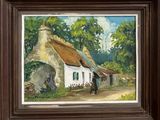 une peinture à l'huile représentant un cottage au toit de chaume et une femme marchant sur la route