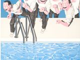 painting of a group of men sitting on a ledge next to a swimming pool