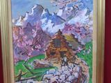 painting of a painting of a landscape with a mountain in the background