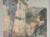 tableau sur chevalet représentant une maison avec un escalier et un arbre