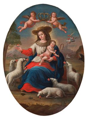 an image of a painting of a woman holding a baby surrounded by sheep