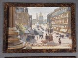 painting of a street scene with a horse drawn carriage and a horse drawn carriage