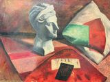 une peinture représentant une statue et un livre posés sur une table