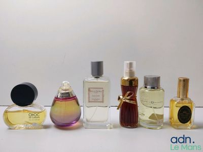plusieurs types différents de flacons de parfum alignés sur une surface blanche
