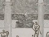 illustration of a drawing of a group of people standing in front of a body of water