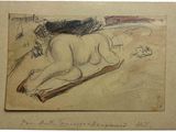 un vieux dessin représentant un nu allongé sur une couverture