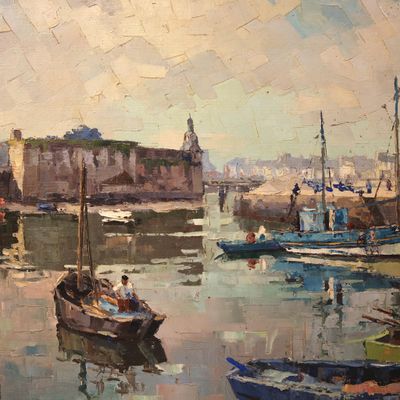 a painting of a group of boats in the water