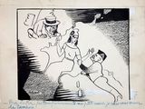drawing of a man and a woman running away from a man who is holding a dog