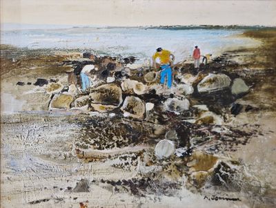 un tableau représentant un groupe de personnes travaillant sur une plage
