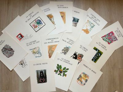 Lot de 17 bois gravés sur papier vélin de 1961 avec des illu…