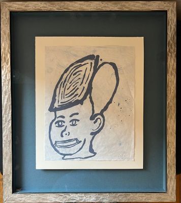 painting of a man with a hat on his head in a frame