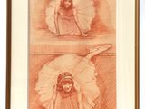 two drawings of a woman sitting on a bench with an umbrella