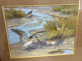 a picture of a painting of two birds in the water