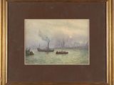a painting of ships in a body of water with smoke coming out of them
