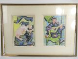 two framed paintings of a man and a woman playing guitar