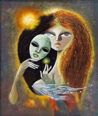 un tableau représentant une femme tenant un masque au visage vert
