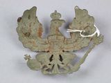 a metal brooch with a bird and a crown on it