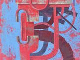 un tableau rouge et bleu sur lequel figure un pistolet