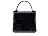 black croc embossed leather handbag on a white background