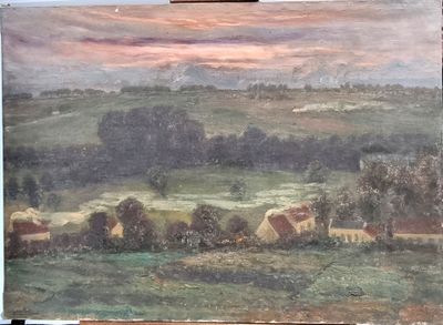 an oil painting of a landscape with houses and trees in the distance