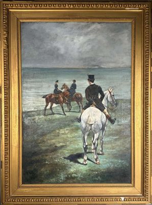 un tableau représentant un groupe de personnes à cheval sur la plage