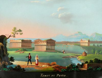 un tableau représentant une vue d'une ville depuis une colline