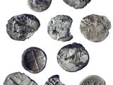 six ancient silver coins are shown in a circle on a white background