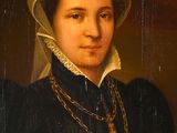portrait of a woman in a black dress and bonnet with a gold chain around her neck