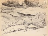 dessin représentant un paysage avec une maison au premier plan et des montagnes à l'arrière-plan