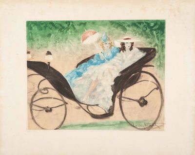 painting of a woman in a blue dress sitting in a horse drawn carriage