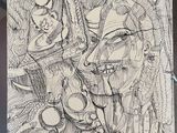 drawing of a woman ' s face on a piece of paper on a table