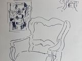 drawing of a drawing of a chair in a room with a picture on the wall