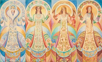 peinture représentant quatre anges de couleurs et de styles différents sur un fond bleu
