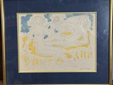 painting of two women sitting on a bench in front of a blue and yellow background